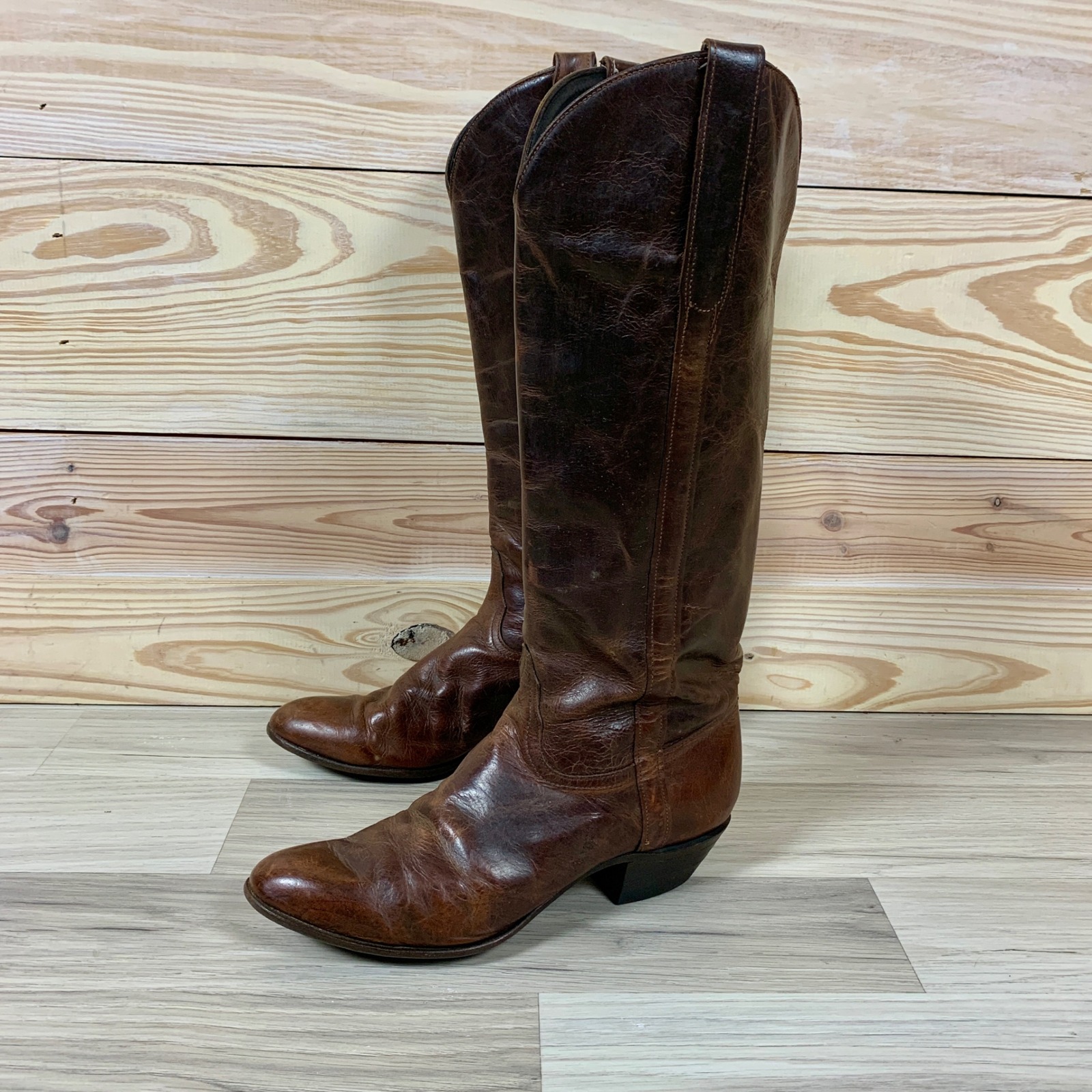 Tony Lama Cowboy Boots Womens 7 Brown Leather 16" Tall Western Pointed Classic